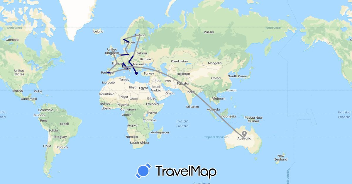 TravelMap itinerary: driving, plane in Austria, Switzerland, Germany, Denmark, Spain, Finland, France, United Kingdom, Greece, Croatia, Italy, Monaco, Netherlands, Norway, Poland, Portugal, Sweden (Europe)